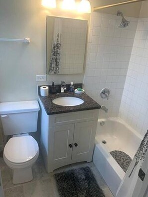 Combined shower/bathtub, towels, soap, toilet paper