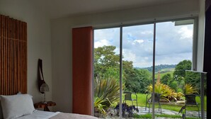 Un dormitorio con una cama grande, una guitarra y vistas a un jardín a través de un ventanal corredero.