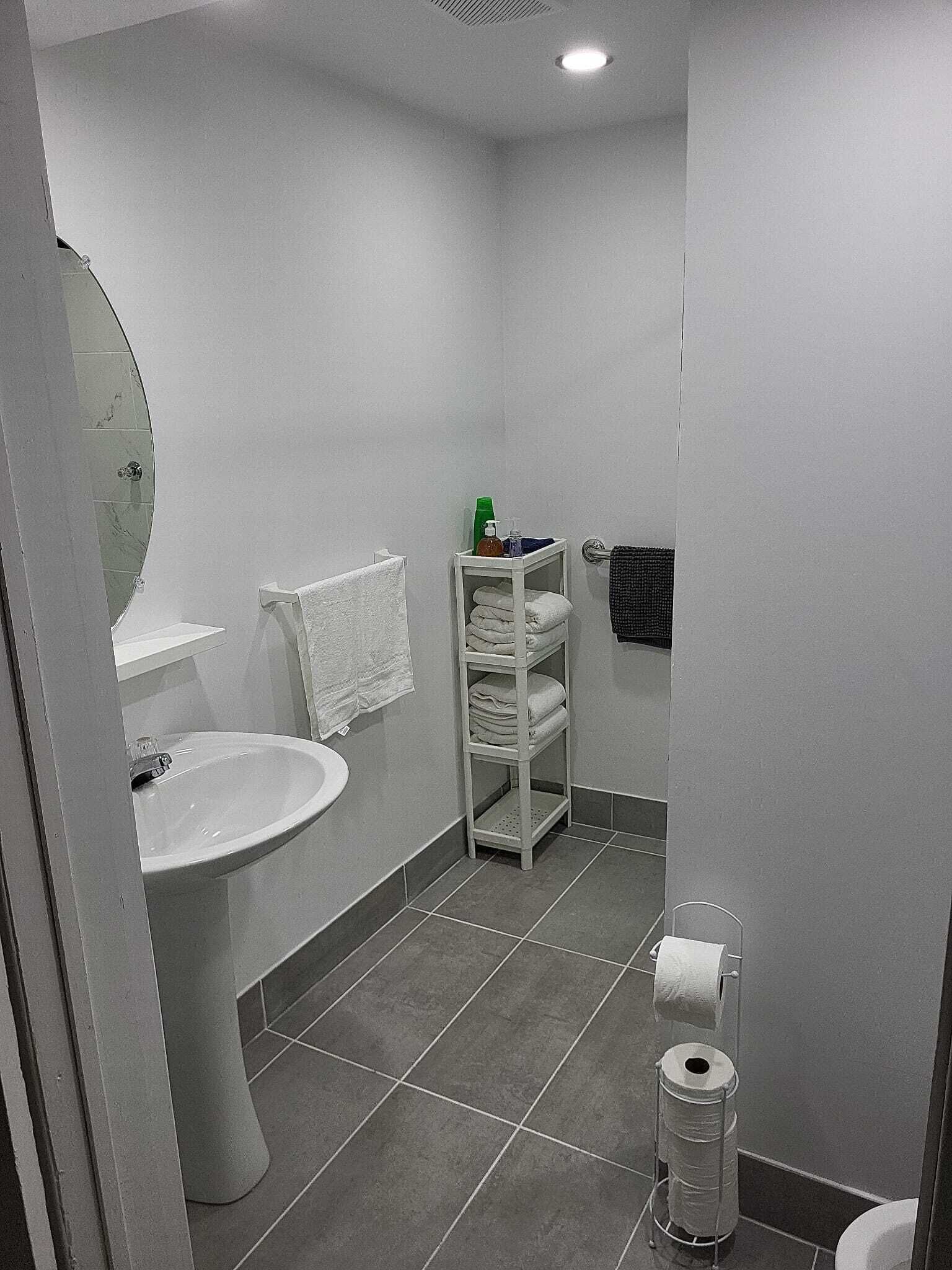 A bathroom with a white sink, a mirror, a towel rack, a shelf with toiletries, and a toilet.
