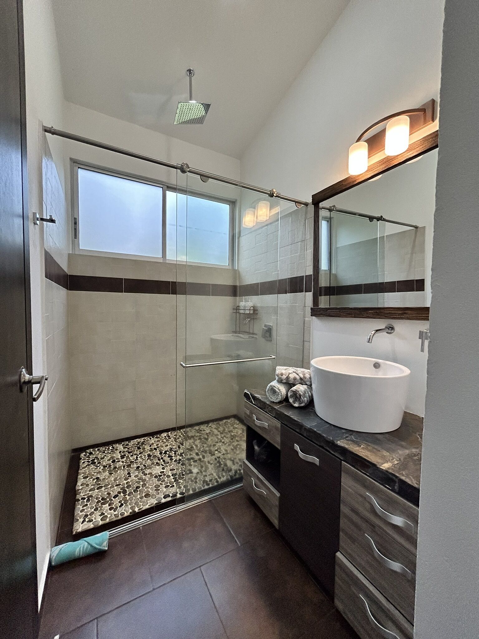 Hair dryer, towels, soap, shampoo