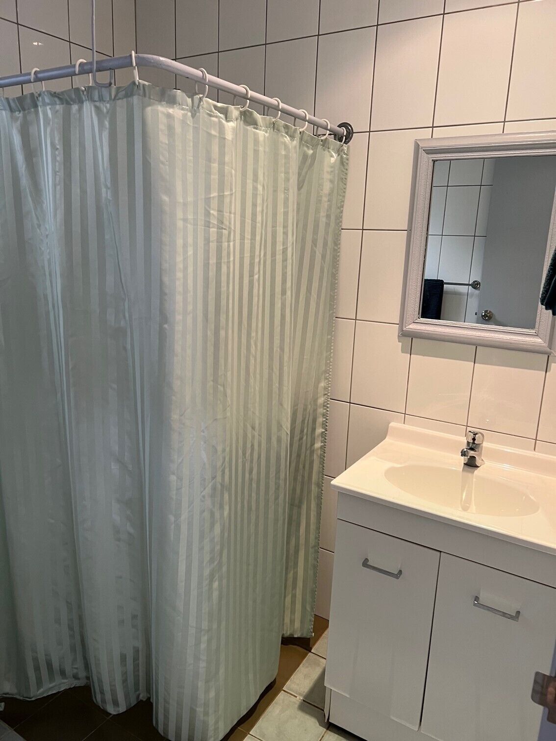 A bathroom with a shower curtain, a sink, and a mirror.