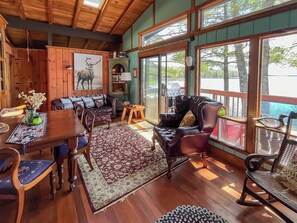 TV connectée, cheminée, lecteur de DVD, livres