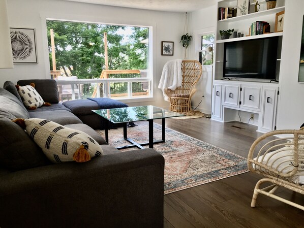 Smart TV, fireplace, books