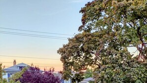 Eine Holzterrasse mit Tisch und Stühlen, eine Tasse auf dem Tisch und ein Baum im Hintergrund.