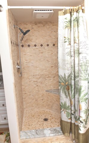 Shower, towels, soap, shampoo
