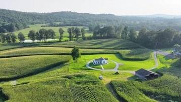 A rural landscape with terraced fields, a white house, and a barn.