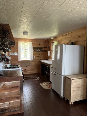 Une cuisine de taille réduite avec des murs en bois, un réfrigérateur blanc, une cuisinière et un évier.