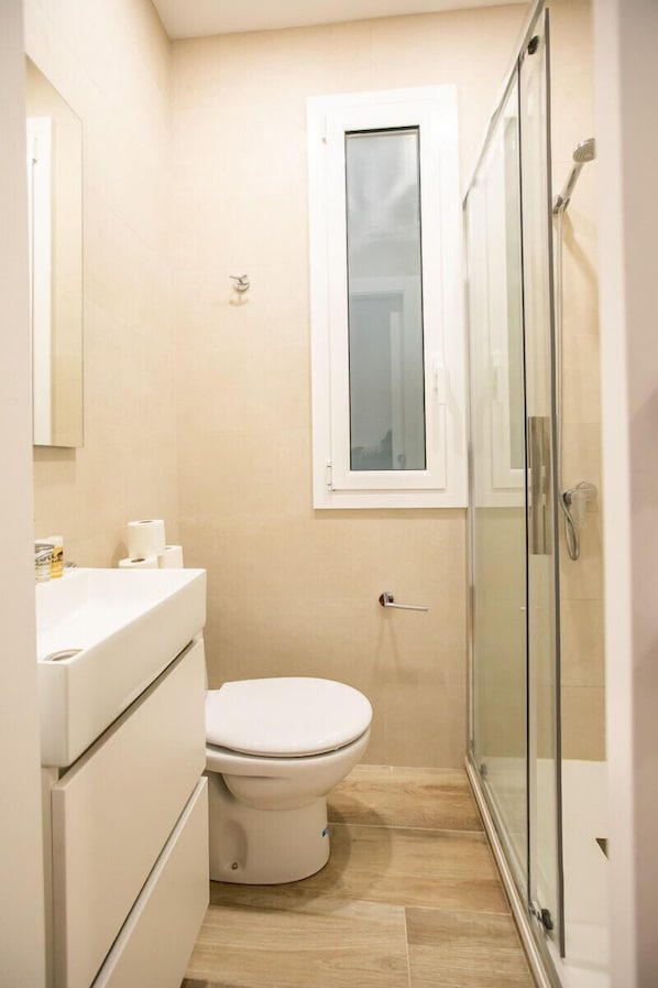 Shower, hair dryer, towels