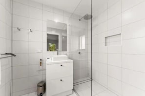 Shower, hair dryer, towels