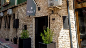 Un edificio con fachada verde, un cartel que dice "ABIES" y unidades de aire acondicionado al aire libre.