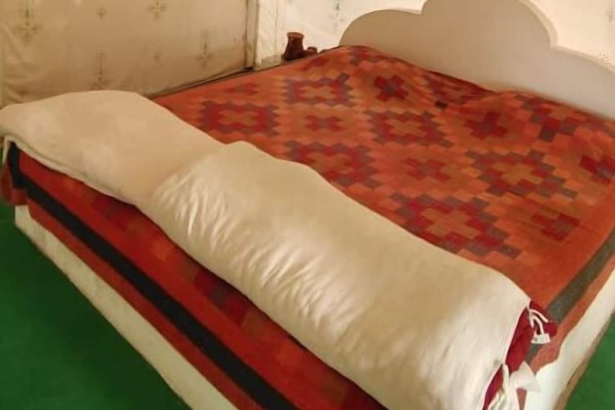A tent-style room with a bed, green carpet, and floral-patterned walls.