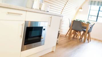 Fridge, microwave, stovetop, electric kettle