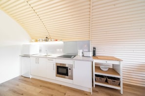 Réfrigérateur, micro-ondes, plaque de cuisson, bouilloire électrique