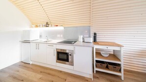 Fridge, microwave, stovetop, toaster - Hut 35 at Cultybraggan Camp (Cultybraggan Camp, Comrie)