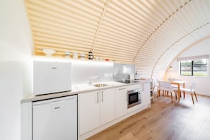 Fridge, microwave, stovetop, toaster - Hut 34 at Cultybraggan Camp (Cultybraggan Camp, Comrie)