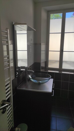 Regadera, secadora de cabello, toallas, papel de baño 