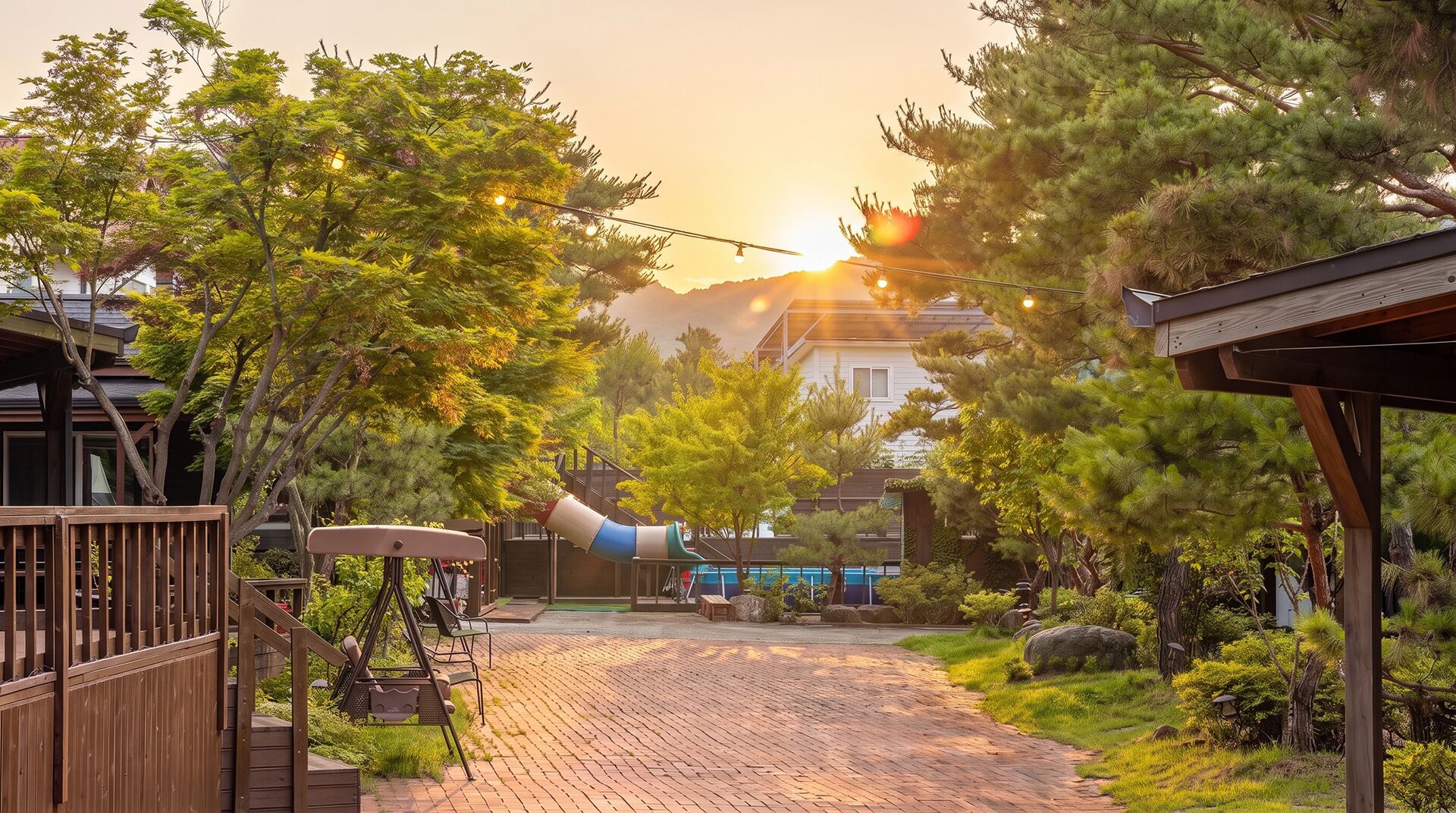 Ein Pfad führt zu einem Gebäude mit einer Holzterrasse und einer Rutsche, umgeben von Bäumen, mit einem Sonnenuntergang im Hintergrund.