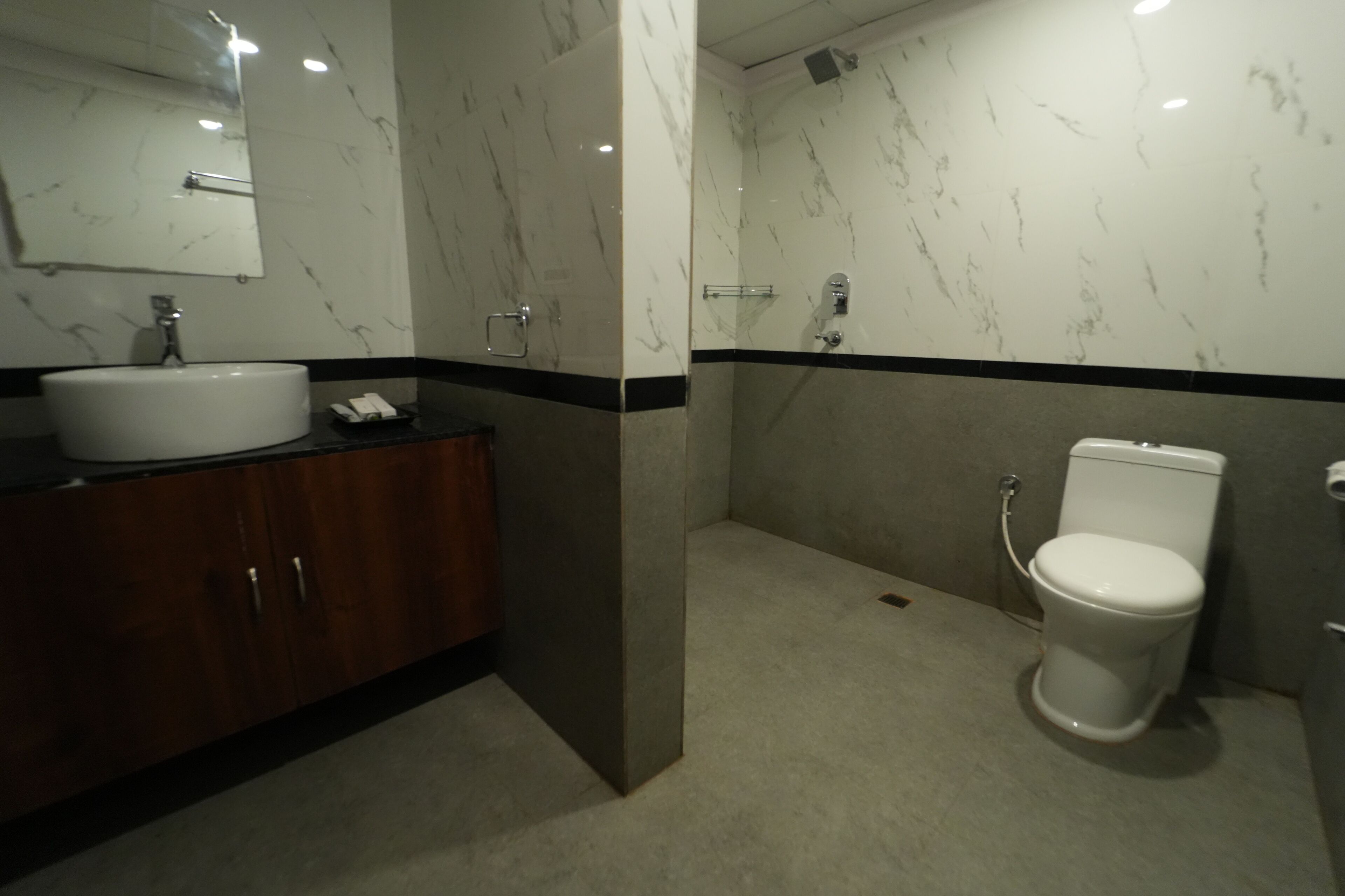 A bathroom with a marble sink, a toilet, and a shower.