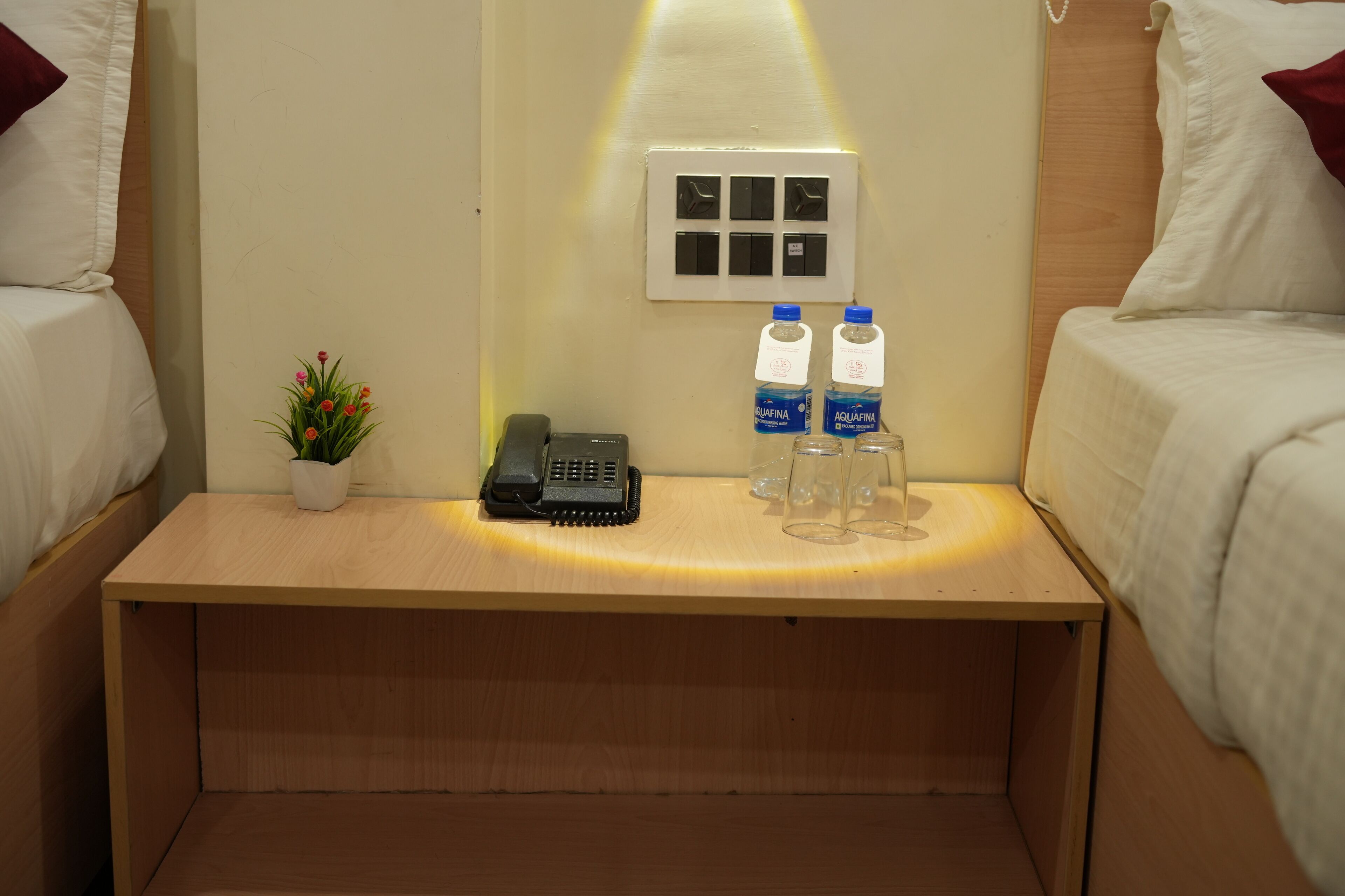 A neatly arranged hotel room with a bedside table, a telephone, two water bottles, and a small potted plant.