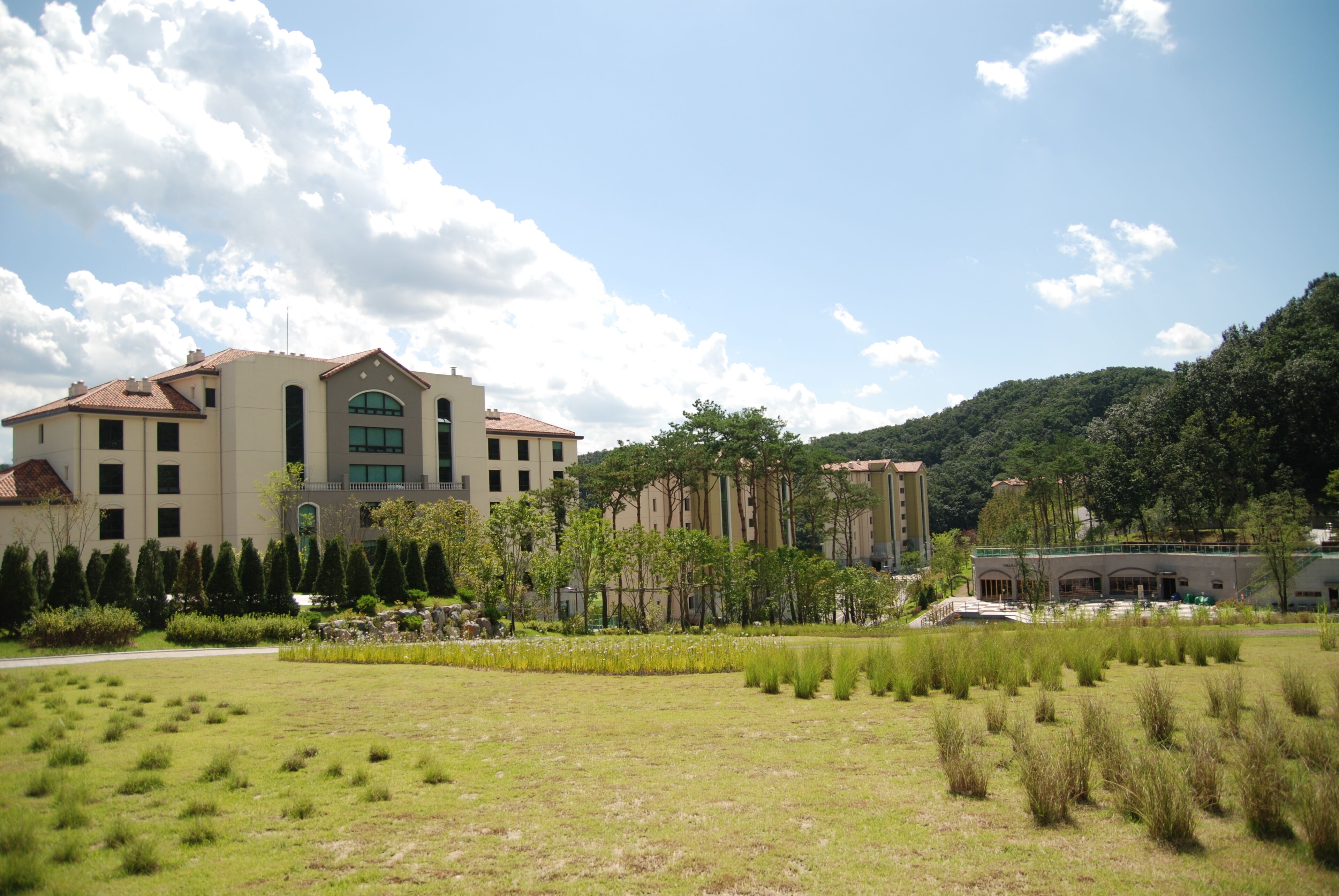 A large building with multiple floors, surrounded by a well-maintained lawn and trees.