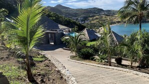 Un resort con piscina, palmeras y vistas al océano.