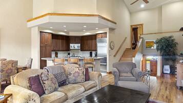 TV, fireplace, books