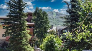Zona residencial con casas rodeadas de árboles y una montaña al fondo.
