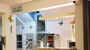 A hotel lobby with a reception desk, two bar stools, a staircase, and butterfly wall decorations. - Oase Apart (Kalkan)