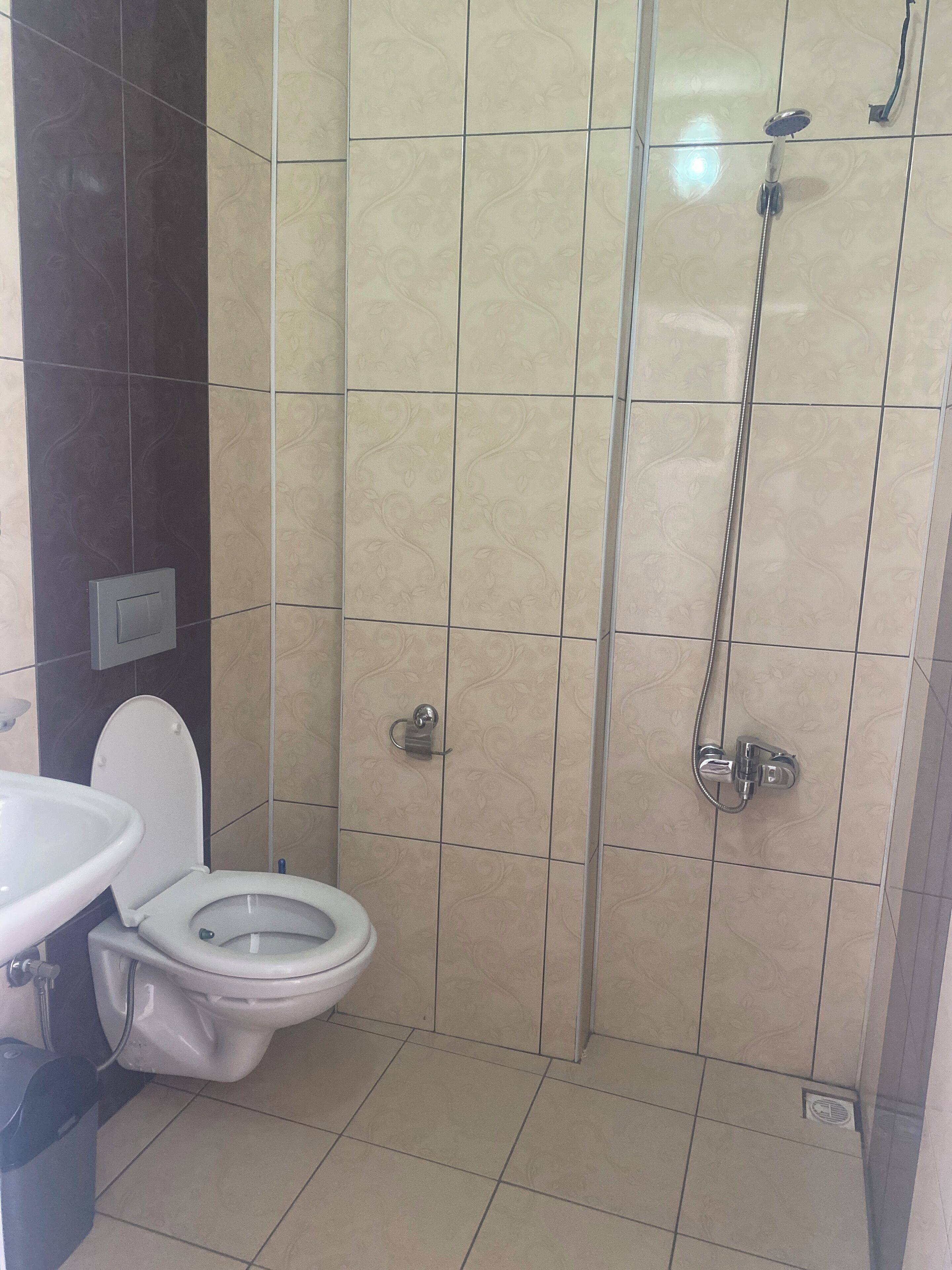A bathroom with a toilet, a sink, and a shower area with a glass door.