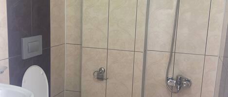 A bathroom with a toilet, a sink, and a shower area with a glass door.