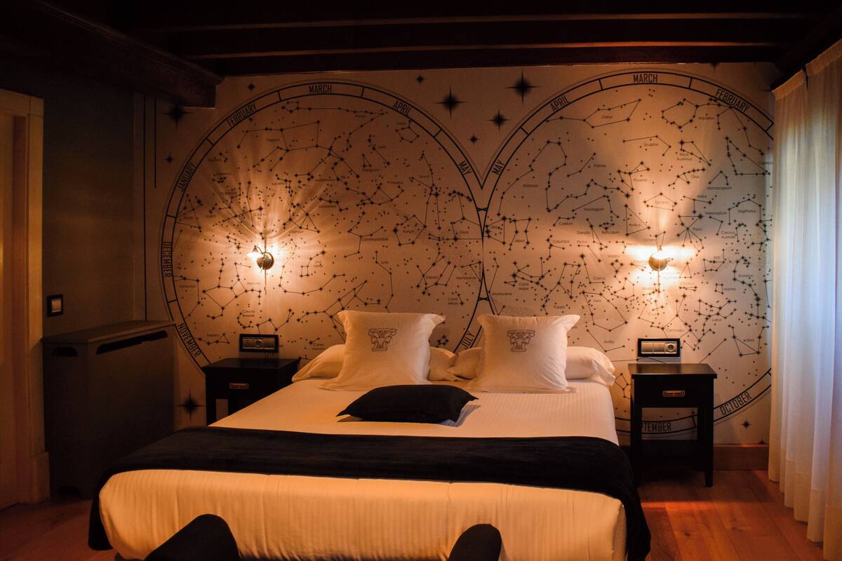 A bedroom with a large bed, two bedside tables, and a wall with a star map.