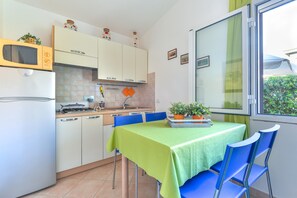 Fridge, microwave, stovetop, highchair