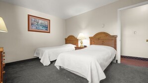 Habitación de hotel con dos camas, una mesita de noche con lámpara, un cuadro en la pared y una puerta.