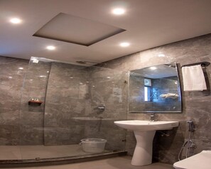 A modern bathroom with a glass-enclosed shower, a pedestal sink, and a large mirror. - The Himalayan Voyage (Ranikhet)