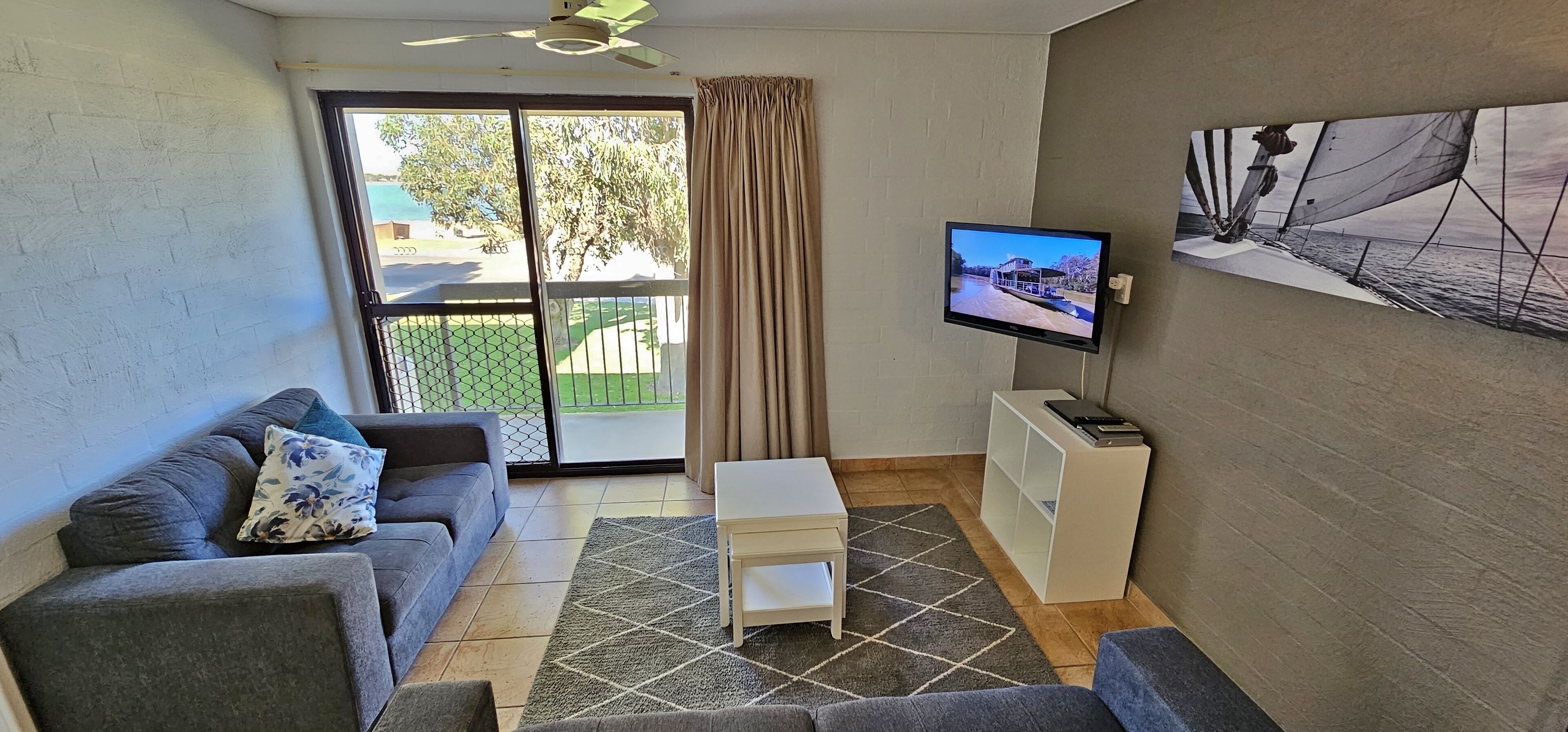 RIVERVIEW HOLIDAY APARTMENT 6  Kalbarri Accommodation Service - lounge area with new couches & new 43in Smart TV