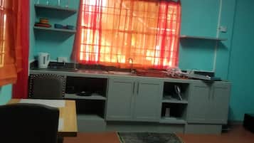 Fridge, oven, electric kettle, toaster