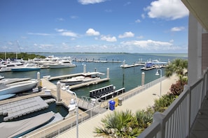Ein Yachthafen mit mehreren angedockten Booten, einem klaren Himmel und Blick auf das Wasser.