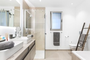 Combined shower/tub, hair dryer, towels, soap