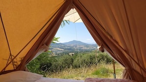 A tent with a bed inside, featuring a view of a hilly landscape. - Glamping at an Agriturismo in the Vineyard (Ortezzano)