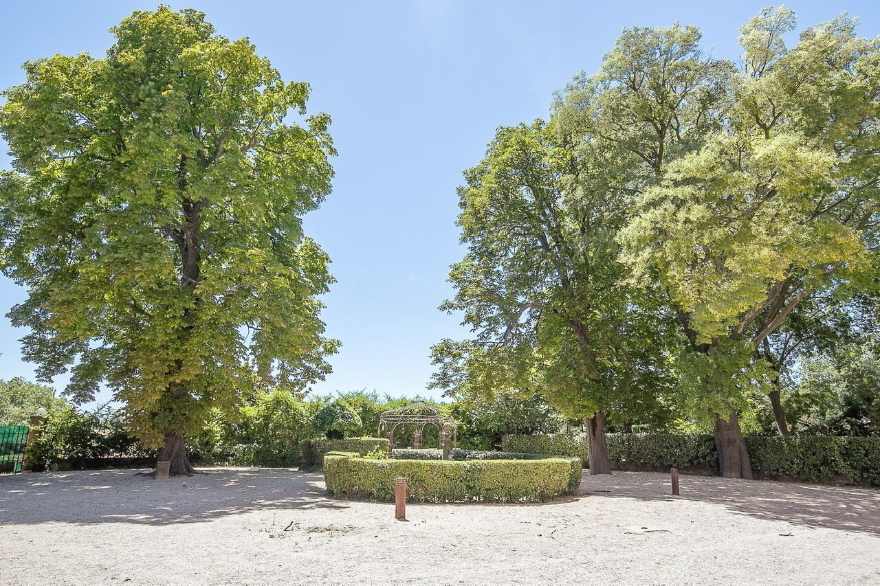 A well-maintained garden with large trees and a central gazebo.