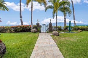 A stone pathway leading to a gated entrance with palm trees and flowers.