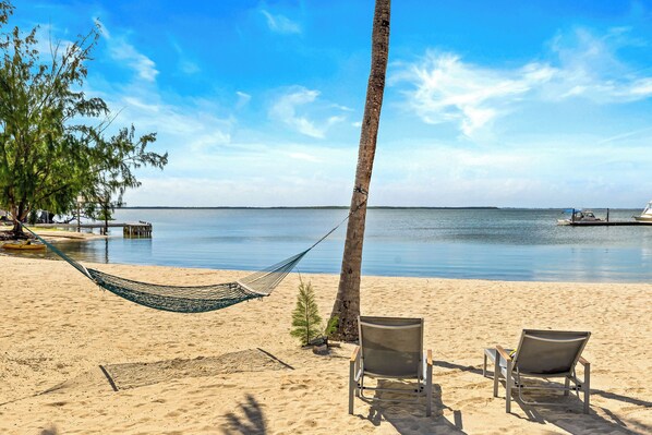 A beach with a hammock, two chairs, a palm tree, and a view of the water.