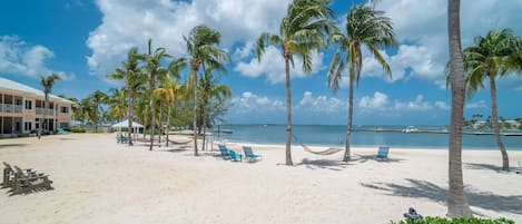 On the beach, sun loungers