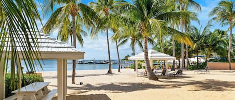 On the beach, sun loungers