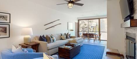 TV, fireplace, DVD player, video library