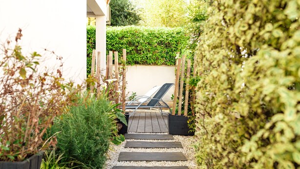 Un sentiero conduce a una zona relax con una panchina e una sedia, immersa nel verde e delimitata da un siepe.