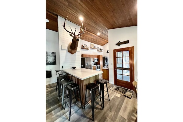 Kitchen.  Bar height center island. Clyde the elk from Happy Jack.