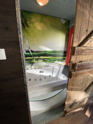 Ducha, bañera de hidromasaje, secador de pelo, toallas