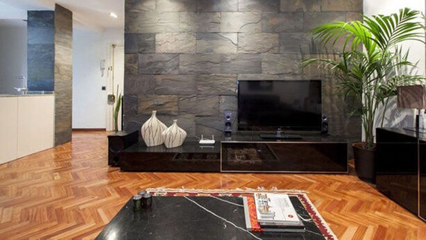 A modern living room with a stone wall, a flat-screen TV, a coffee table, and a potted plant. - Luxury Flat in Madrid center (Madrid)