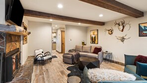 Smart TV, fireplace, books